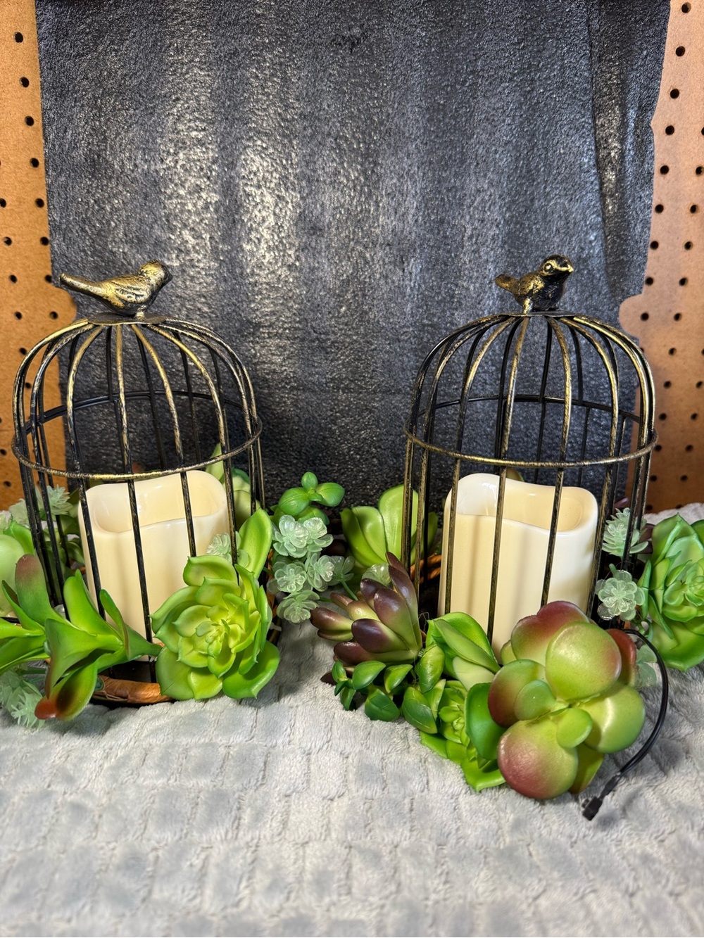 Pair of Decorative Black Metal Birdcage Candles with Green Succulent Accents